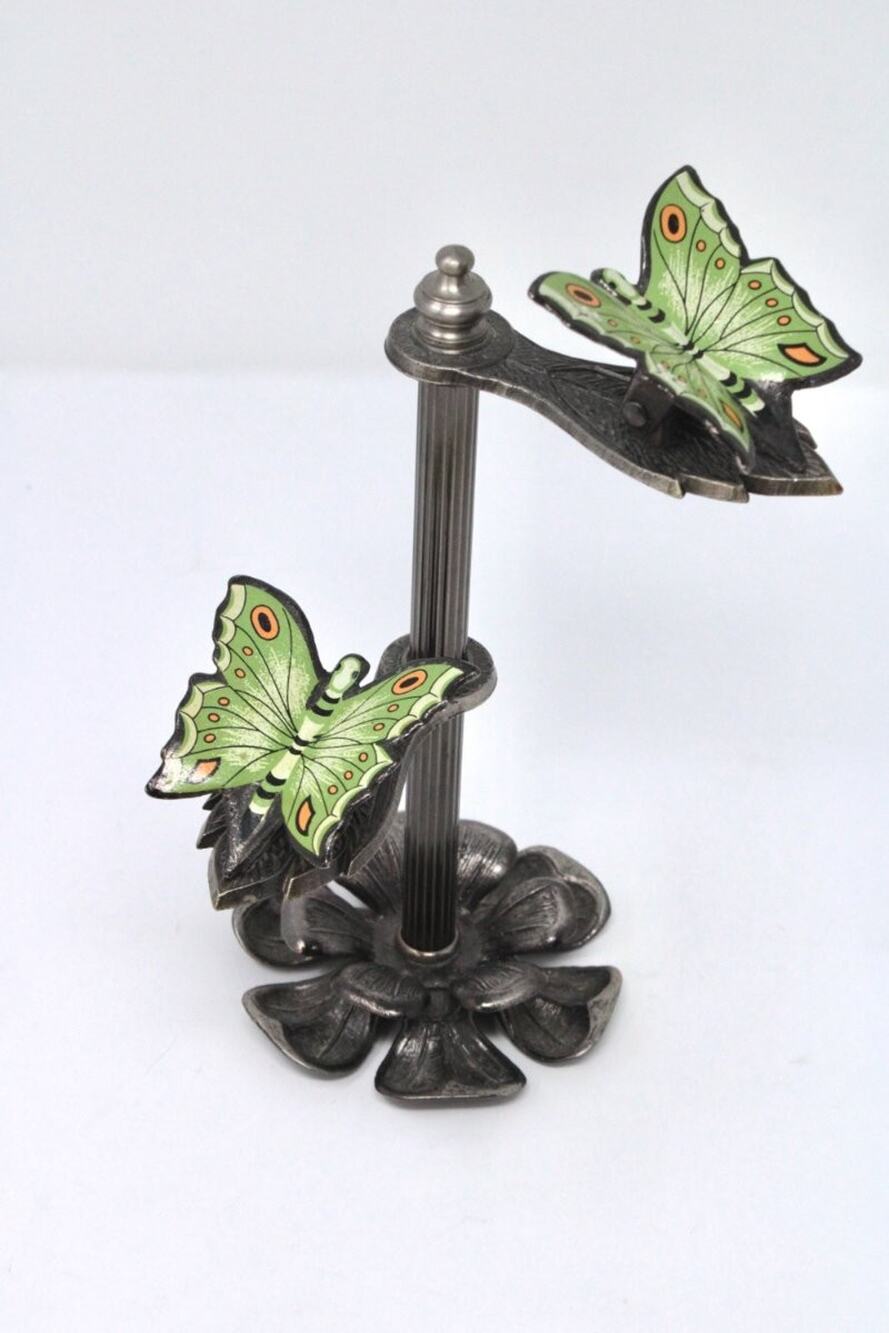 Vtg Allied Brass Butterfly Two Tiered Clip Stand Note Recipe Card Holder Green